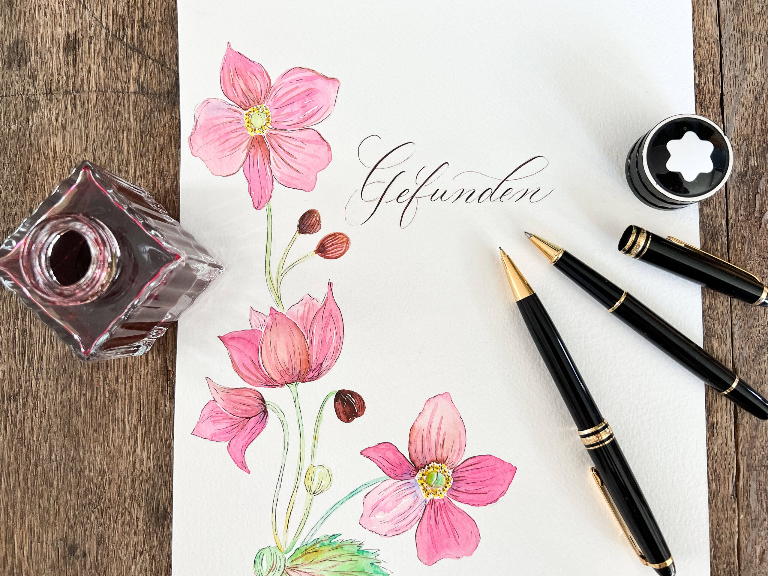 Goethe Gedicht Gefunden Kalligrafie Aquarell Anemonen zeichnen